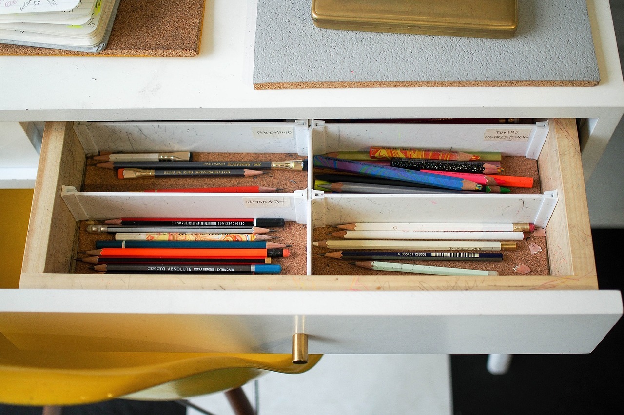 table, drawer, pen
